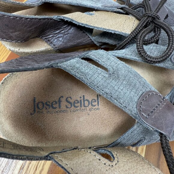 Josef Seibel Womens Size 38 / 7.5 Brown Strappy Lace-Up Sandals Block Heel Textu - Picture 4 of 10